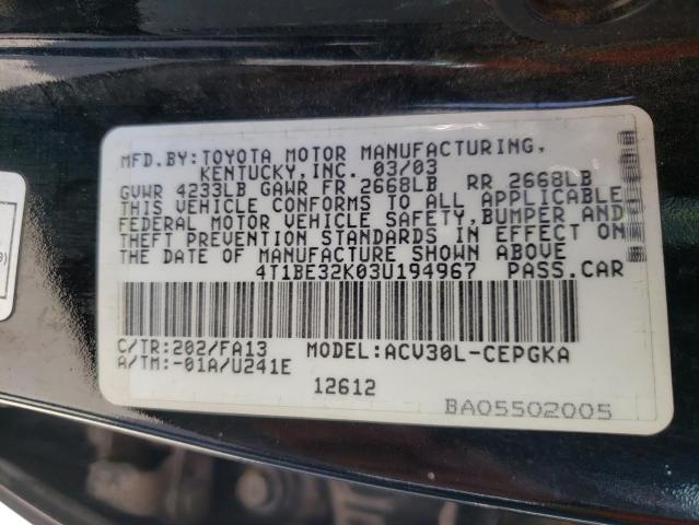 Photo 10 from auction – 2003 TOYOTA CAMRY LE with VIN 4T1BE32K03U194967