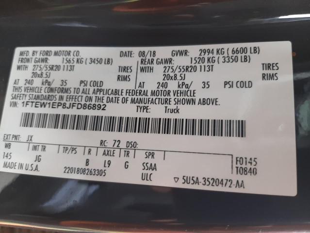 Photo 10 from auction – 2018 FORD F150 SUPER with VIN 1FTEW1EP8JFD86892