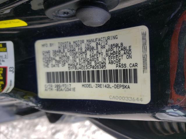Photo 10 from auction – 2012 TOYOTA COROLLA with VIN 5YFBU4EE3CP026305