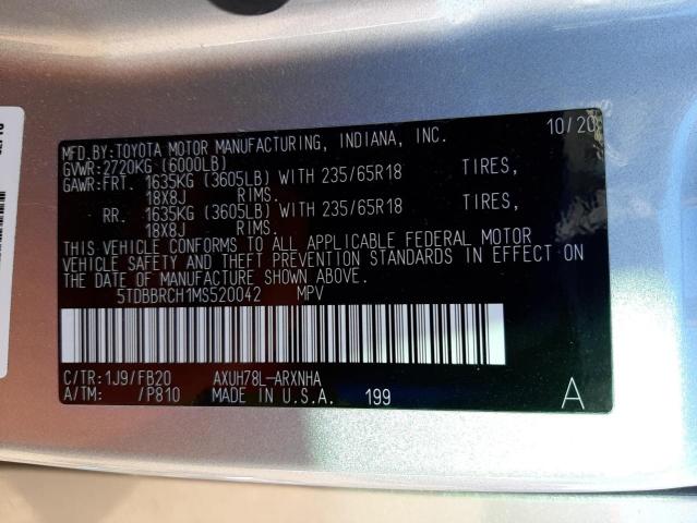 Photo 10 from auction – 2021 TOYOTA HIGHLANDER with VIN 5TDBBRCH1MS520042