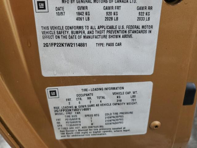 Photo 10 from auction – 1998 CHEVROLET CAMARO with VIN 2G1FP22K1W2114881
