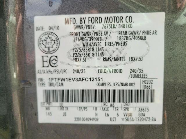 Photo 10 from auction – 2010 FORD F150 SUPER with VIN 1FTFW1EV3AFC12151