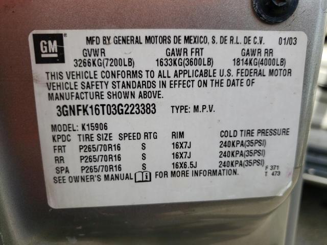 Photo 10 from auction – 2003 CHEVROLET SUBURBAN K with VIN 3GNFK16T03G223383