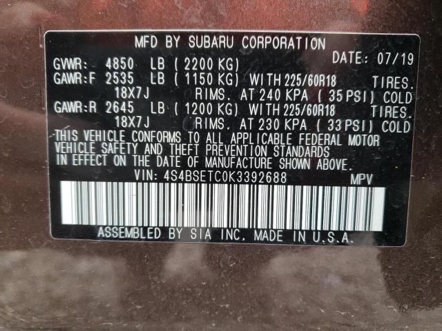 Photo 10 from auction – 2019 SUBARU OUTBACK TO with VIN 4S4BSETC0K3392688