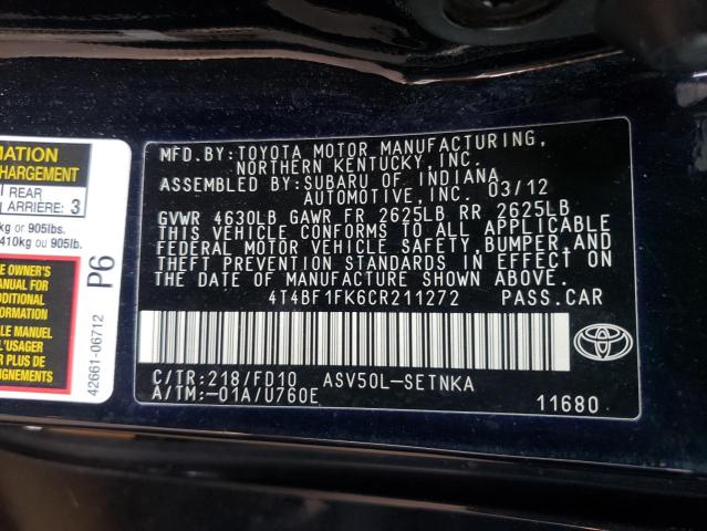 Photo 10 from auction – 2012 TOYOTA CAMRY BASE with VIN 4T4BF1FK6CR211272
