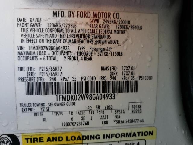 Photo 10 from auction – 2008 FORD TAURUS X S with VIN 1FMDK02W98GA04933