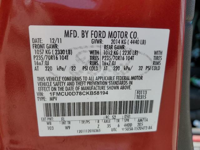 Photo 10 from auction – 2012 FORD ESCAPE XLT with VIN 1FMCU0D78CKB58194