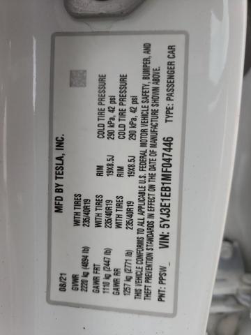 Photo 10 from auction – 2021 TESLA MODEL 3 with VIN 5YJ3E1EB1MF047446