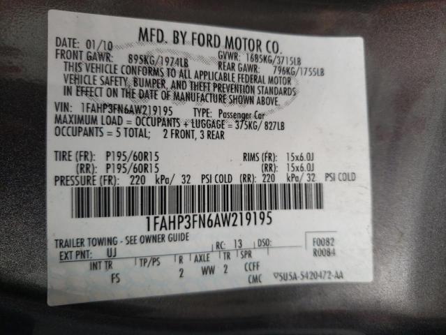 Photo 10 from auction – 2010 FORD FOCUS SE with VIN 1FAHP3FN6AW219195