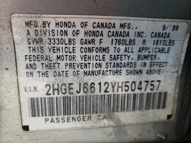 Photo 10 from auction – 2000 HONDA CIVIC BASE with VIN 2HGEJ6612YH504757