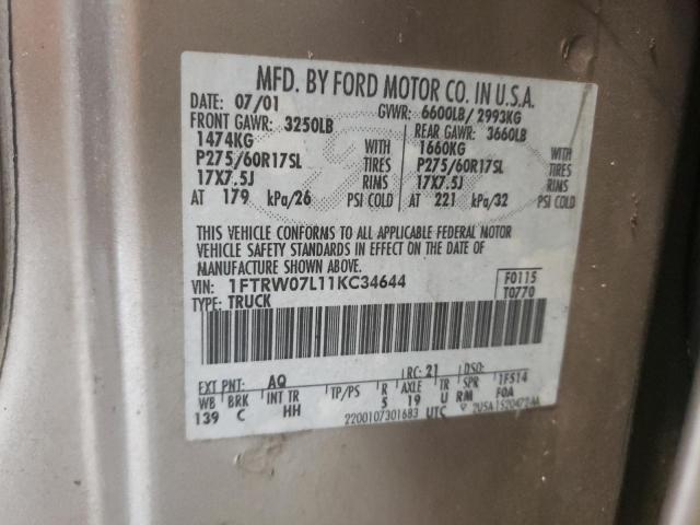 Photo 10 from auction – 2001 FORD F150 SUPER with VIN 1FTRW07L11KC34644