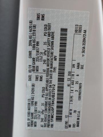 Photo 10 from auction – 2019 FORD ESCAPE S with VIN 1FMCU0F78KUB27012