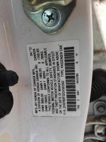 Photo 10 from auction – 2012 HONDA CIVIC LX with VIN 2HGFB2F52CH563362