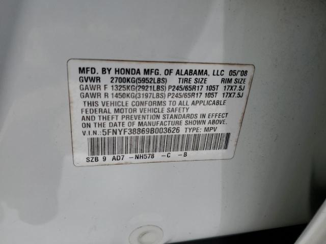 Photo 10 from auction – 2009 HONDA PILOT TOUR with VIN 5FNYF38869B003626