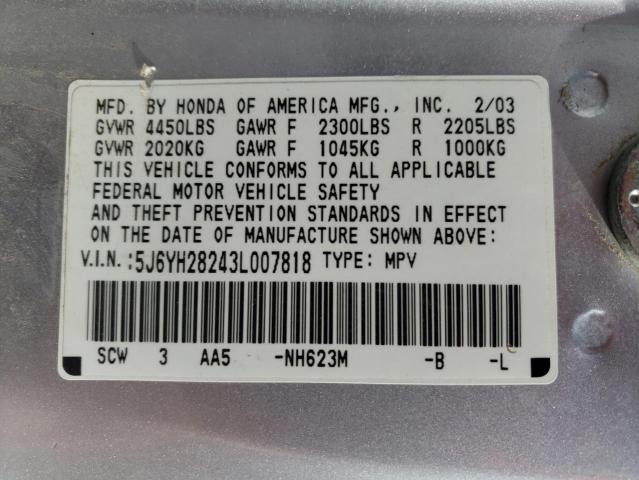 Photo 10 from auction – 2003 HONDA ELEMENT DX with VIN 5J6YH28243L007818