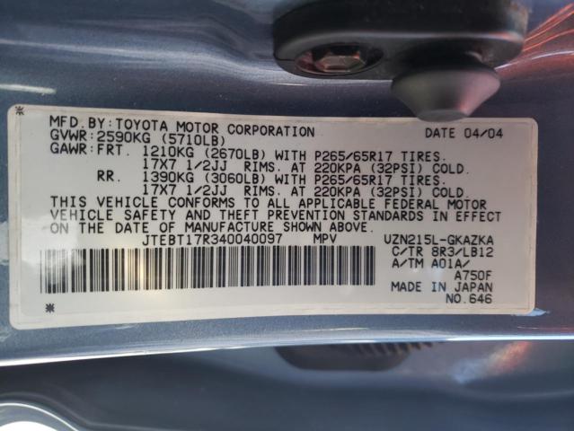 Photo 10 from auction – 2004 TOYOTA 4RUNNER LI with VIN JTEBT17R340040097