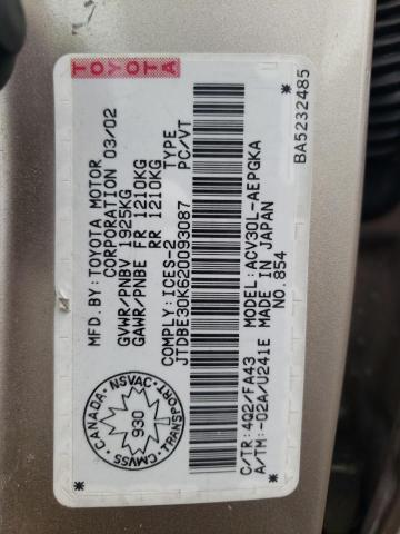 Photo 10 from auction – 2002 TOYOTA CAMRY LE with VIN JTDBE30K620093087