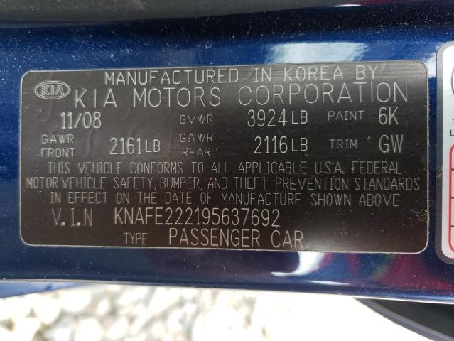 Photo 10 from auction – 2009 KIA SPECTRA EX with VIN KNAFE222195637692