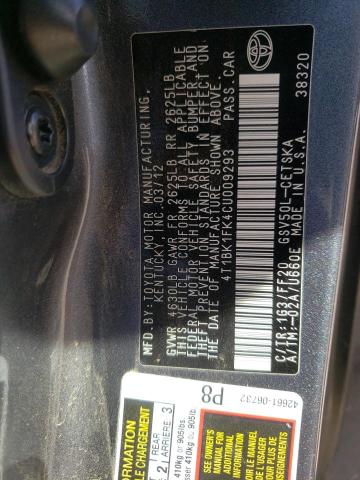 Photo 10 from auction – 2012 TOYOTA CAMRY SE with VIN 4T1BK1FK4CU009293