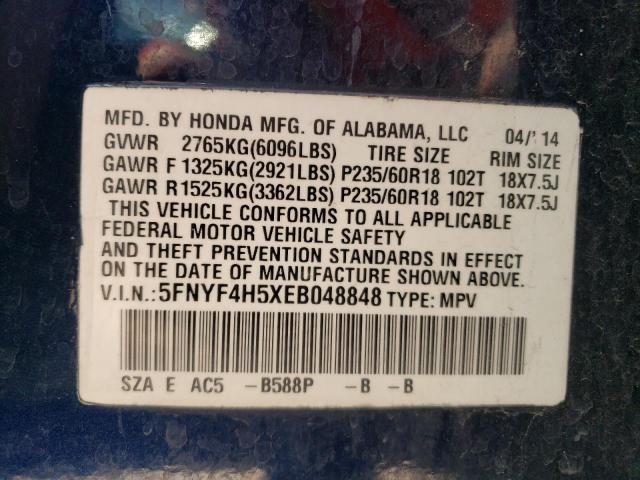 Photo 10 from auction – 2014 HONDA PILOT EXL with VIN 5FNYF4H5XEB048848