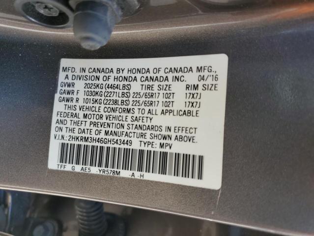 Photo 10 from auction – 2016 HONDA CR-V SE with VIN 2HKRM3H46GH543449