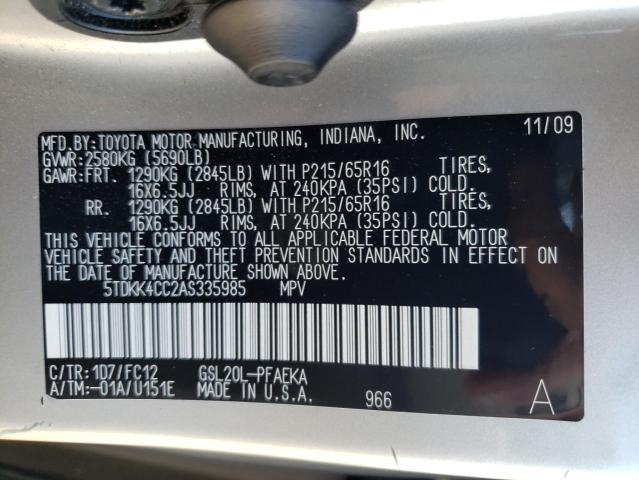 Photo 10 from auction – 2010 TOYOTA SIENNA CE with VIN 5TDKK4CC2AS335985