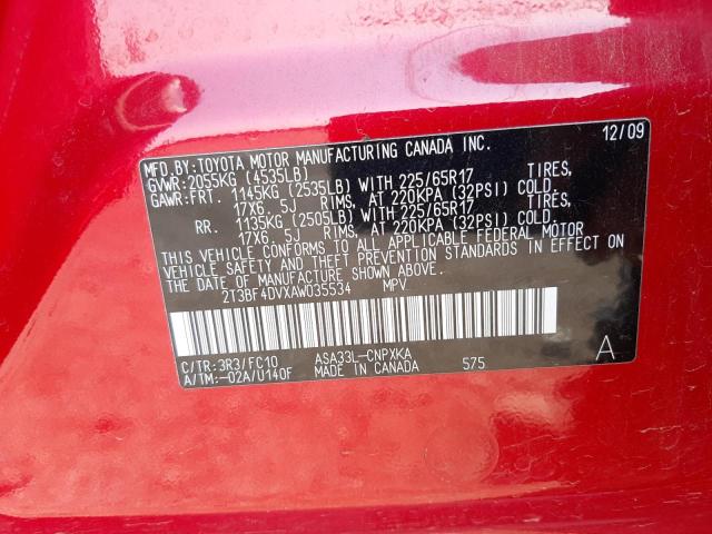 Photo 10 from auction – 2010 TOYOTA RAV4 with VIN 2T3BF4DVXAW035534