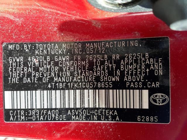 Photo 10 from auction – 2012 TOYOTA CAMRY BASE with VIN 4T1BF1FK1CU578655