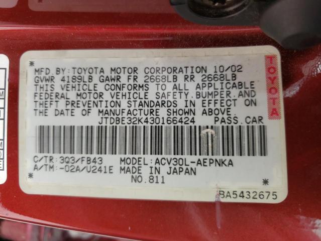 Photo 10 from auction – 2003 TOYOTA CAMRY LE with VIN JTDBE32K430166424