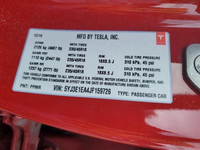 Photo 10 from auction – 2018 TESLA MODEL 3 with VIN 5YJ3E1EA4JF159726