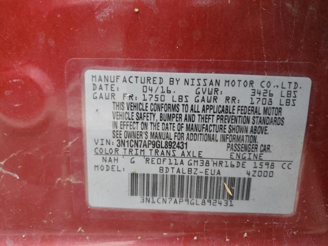 Photo 10 from auction – 2016 NISSAN VERSA with VIN 3N1CN7AP9GL892431