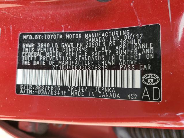 Photo 10 from auction – 2012 TOYOTA COROLLA BA with VIN 2T1BU4EE9CC878819