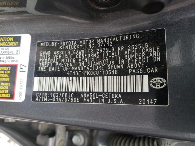 Photo 10 from auction – 2012 TOYOTA CAMRY BASE with VIN 4T1BF1FK0CU140516