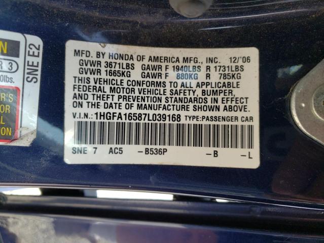 Photo 10 from auction – 2007 HONDA CIVIC LX with VIN 1HGFA16587L039168