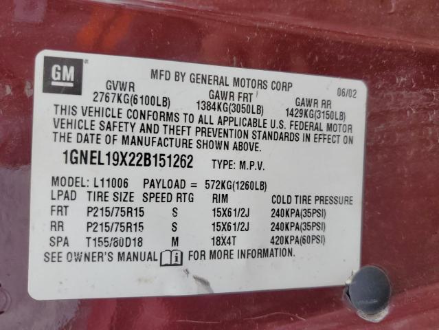 Photo 10 from auction – 2002 CHEVROLET ASTRO with VIN 1GNEL19X22B151262