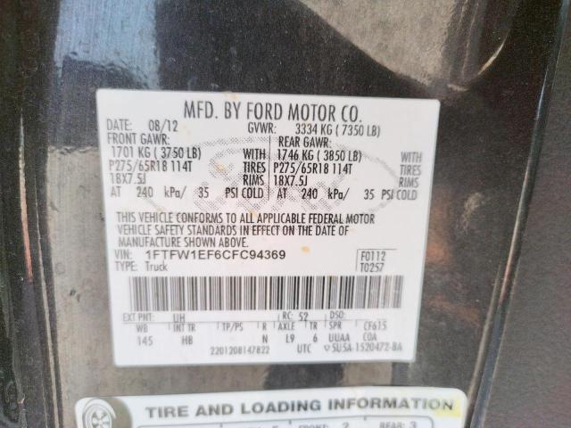 Photo 10 from auction – 2012 FORD F150 SUPER with VIN 1FTFW1EF6CFC94369