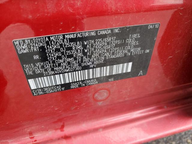 Photo 10 from auction – 2010 TOYOTA RAV4 with VIN 2T3BK4DV2AW027360