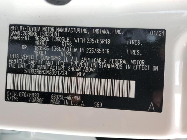 Photo 10 from auction – 2021 TOYOTA HIGHLANDER with VIN 5TDBZRBH3MS091239