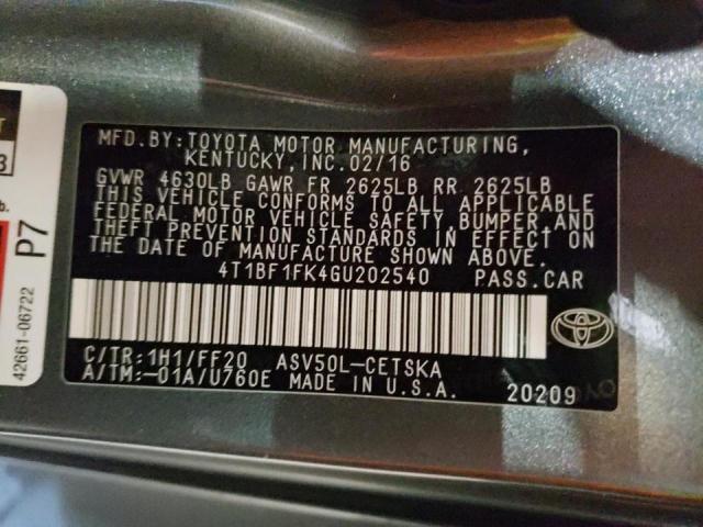 Photo 10 from auction – 2016 TOYOTA CAMRY LE with VIN 4T1BF1FK4GU202540