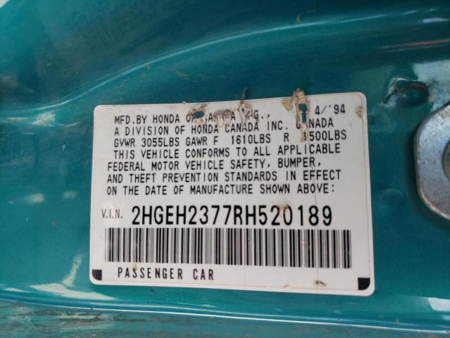 Photo 10 from auction – 1994 HONDA CIVIC VX with VIN 2HGEH2377RH520189