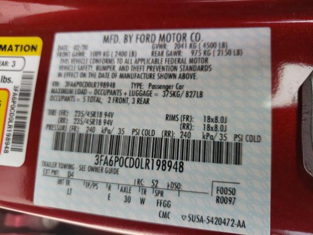 Photo 10 from auction – 2020 FORD FUSION SEL with VIN 3FA6P0CD0LR198948