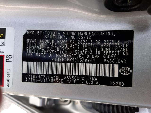 Photo 10 from auction – 2012 TOYOTA CAMRY BASE with VIN 4T1BF1FK9CU578841