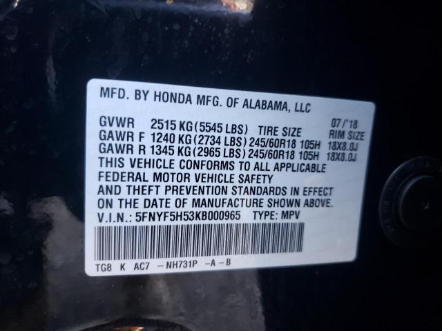 Photo 10 from auction – 2019 HONDA PILOT EXL with VIN 5FNYF5H53KB000965