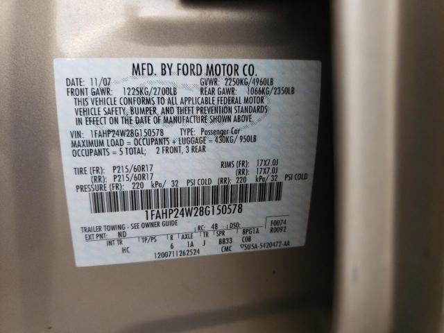 Photo 10 from auction – 2008 FORD TAURUS SEL with VIN 1FAHP24W28G150578
