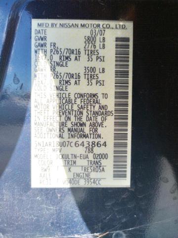 Photo 10 from auction – 2007 NISSAN PATHFINDER with VIN 5N1AR18U07C643864