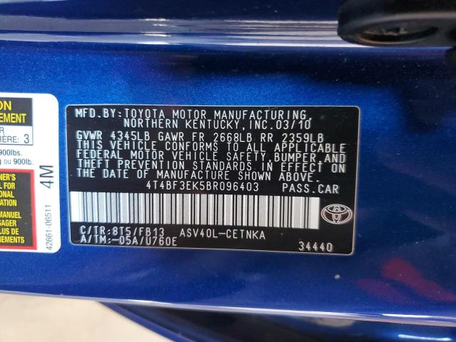 Photo 10 from auction – 2011 TOYOTA CAMRY BASE with VIN 4T4BF3EK5BR096403