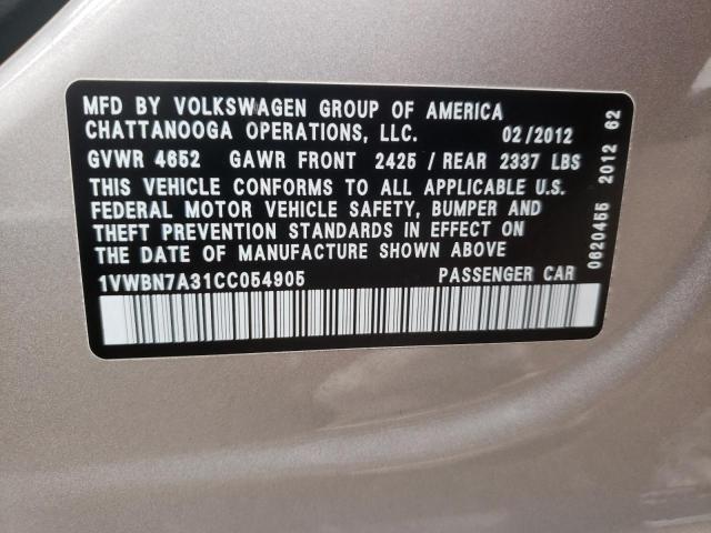Photo 10 from auction – 2012 VOLKSWAGEN PASSAT SE with VIN 1VWBN7A31CC054905