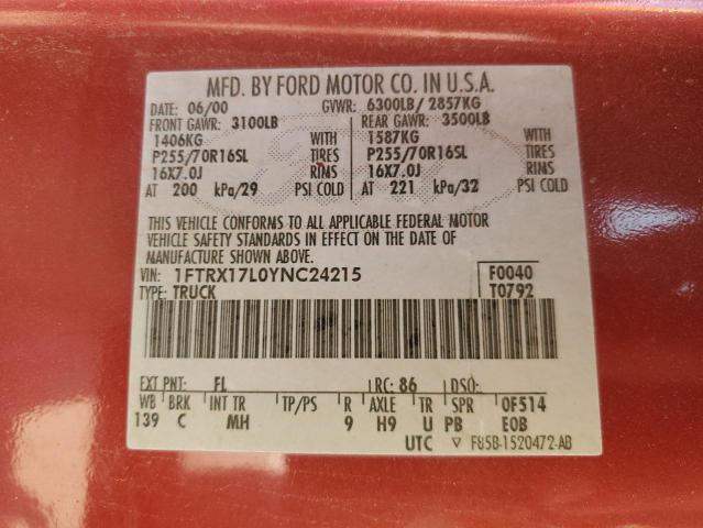 Photo 10 from auction – 2000 FORD F150 with VIN 1FTRX17L0YNC24215