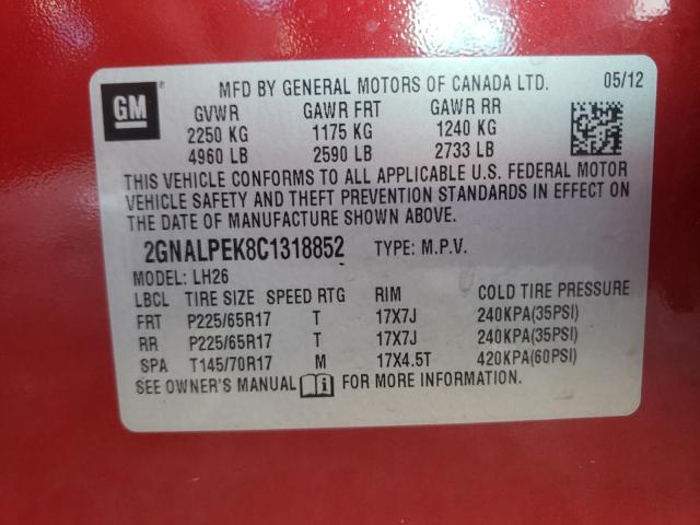 Photo 10 from auction – 2012 CHEVROLET EQUINOX LT with VIN 2GNALPEK8C1318852