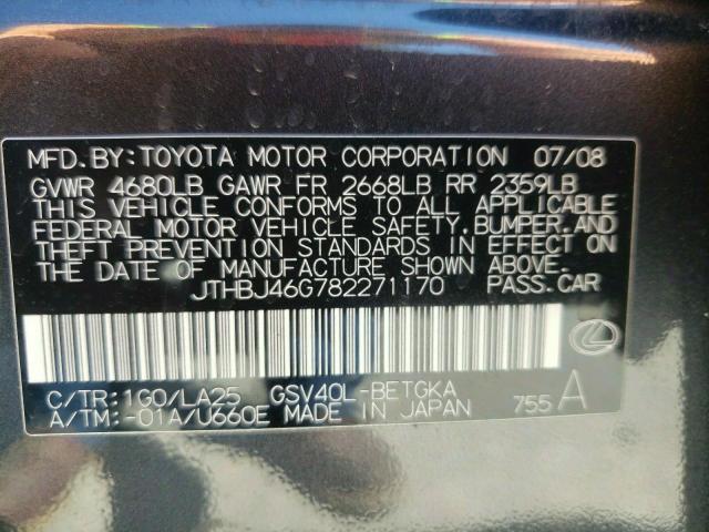 Photo 10 from auction – 2008 LEXUS ES 350 with VIN JTHBJ46G782271170